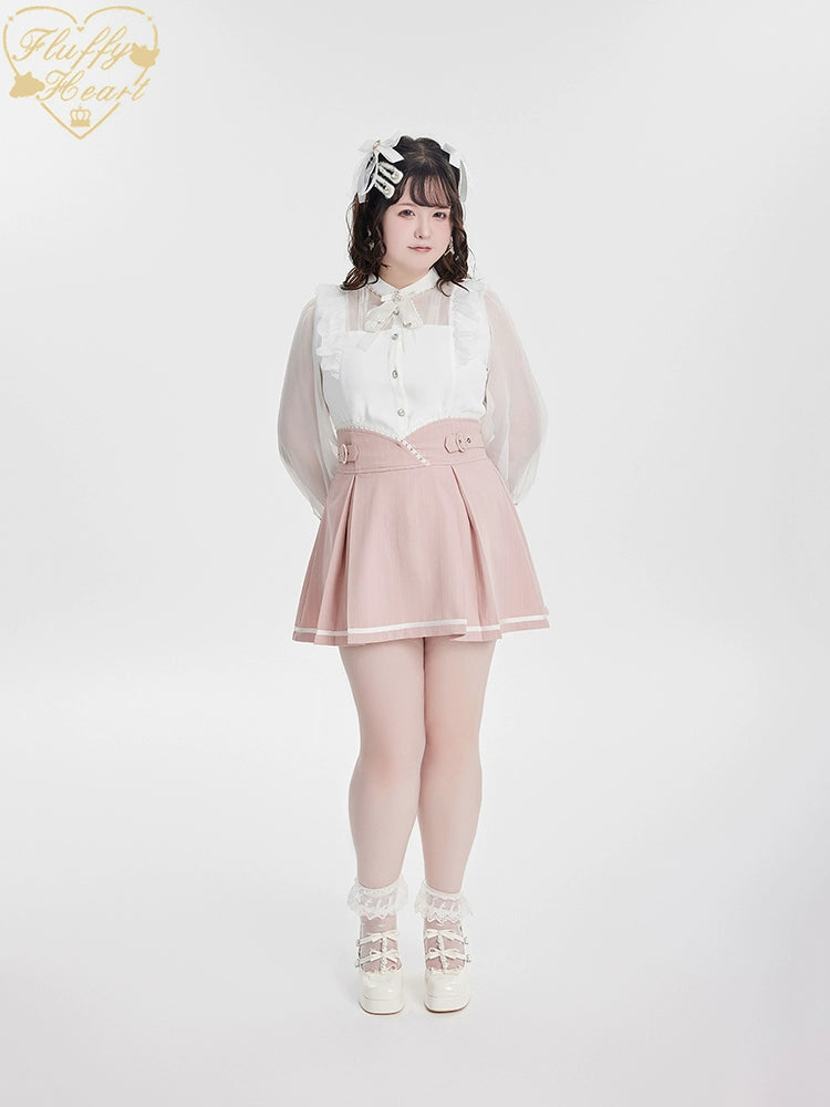 White Pink Jirai Kei Blouse Sheer Lace Shirt with Rhinestone 32914:403902