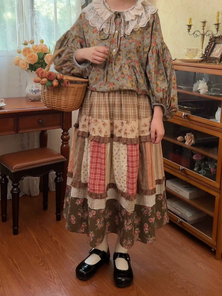 Mori Kei Skirt Retro Plaid Patchwork Floral Long Skirt 41800:713980