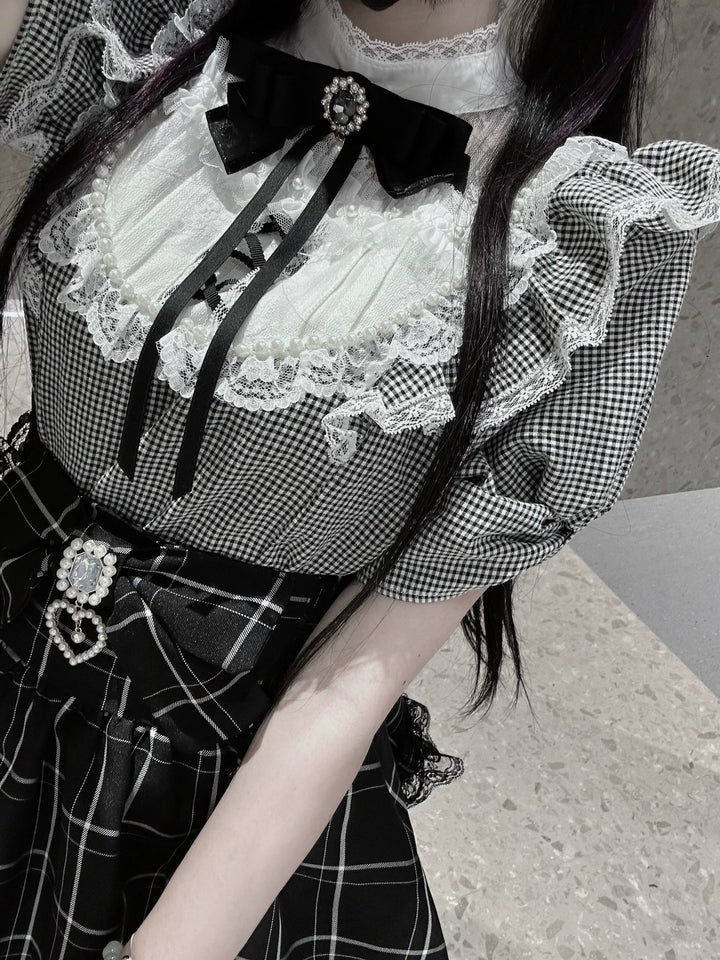Puff Short-Sleeved Jirai Kei Blouse, Lace Pearl Decor 43616:781764