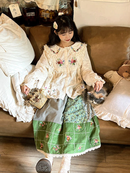 Mori Kei Skirt Green Floral Patchwork Skirt Vintage Skirt 36224:524894