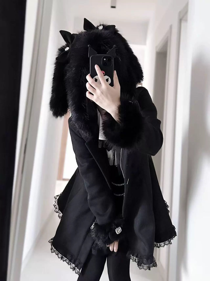 Jirai Kei Coat Wool Blend Coat Bunny Ear Hood Jacket 41328:690506