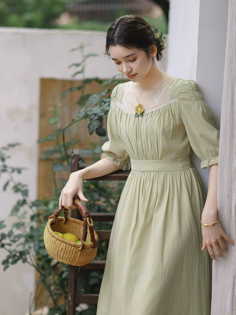 Mori Kei Dress Elegant Dress Matcha Green Lace Trim Dress (L M S XL) 36344:547160 (L M S XL) 36344:547160