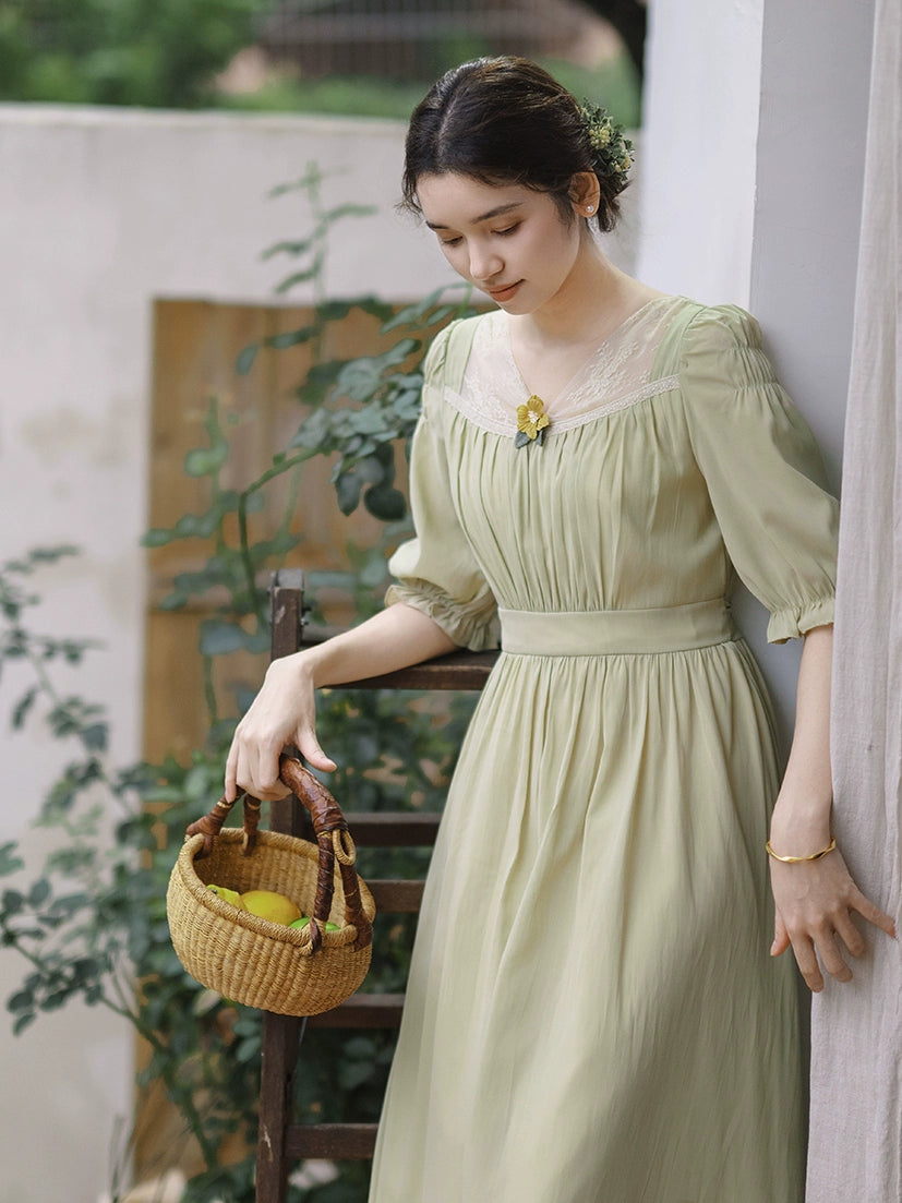 Mori Kei Dress Elegant Dress Matcha Green Lace Trim Dress (L M S XL) 36344:547160