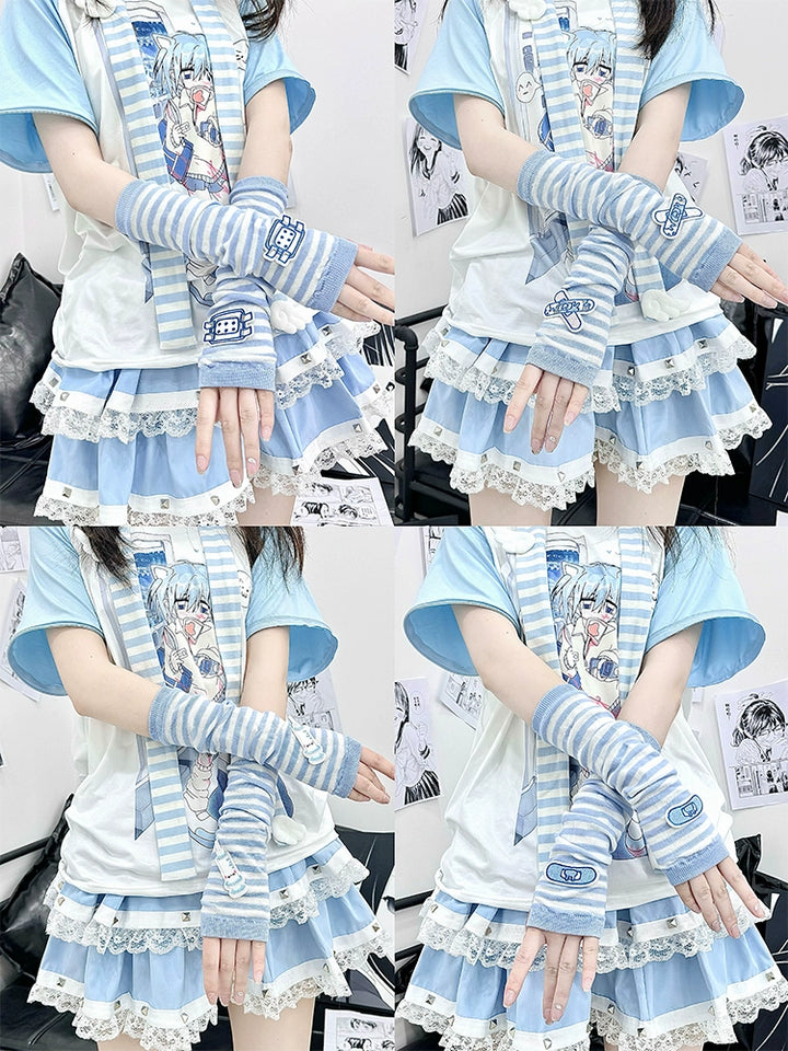 Tenshi Kaiwai Hand Sleeves Y2K Blue Striped Arm Sleeves 38242:581152