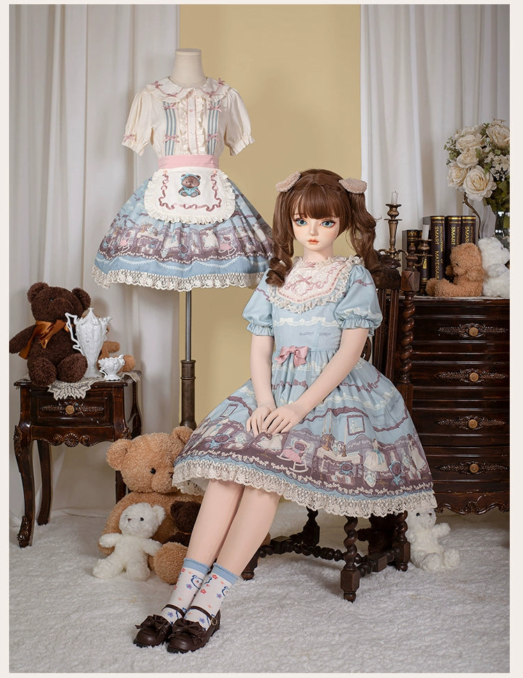 Blue White Lolita Dress Little Bear Embroidered 3-Style Dress 32062:382518 32062:382518