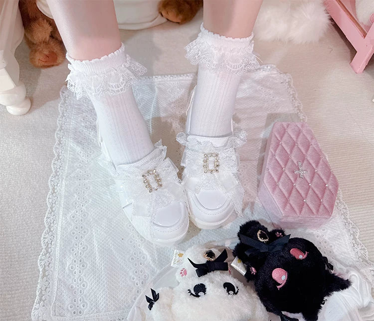 Jirai Kei Slip-On Chunky Heeled Shoes, Pearl Decorated Bow 45867:867763