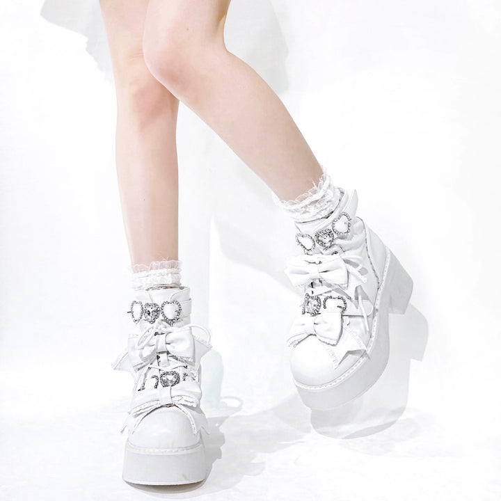 Jirai Kei Heeled Ankle Boots, Heart Rhinestone & Bows 45865:873133