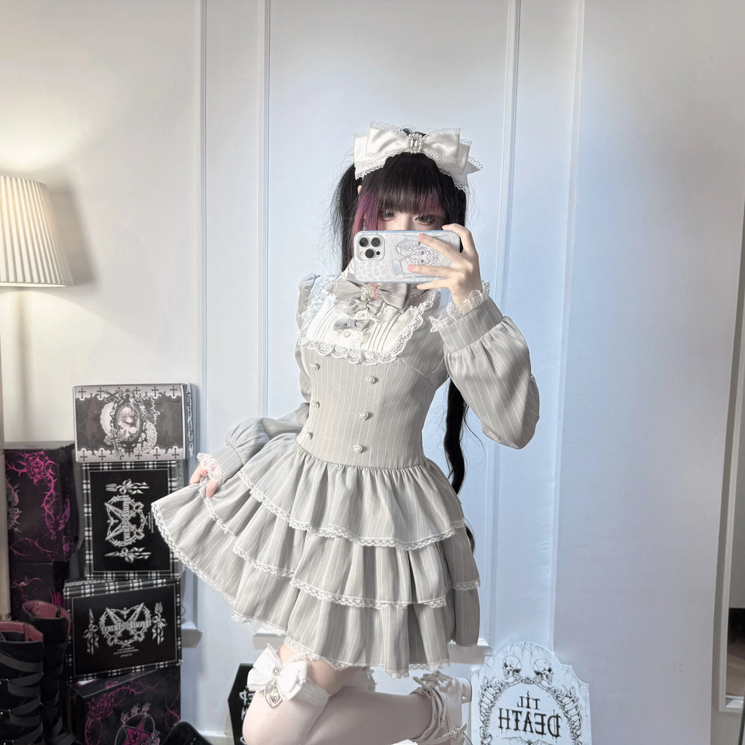 Jirai Kei Striped Lace Neckline Top & Elastic Waist Skort 45938:871930