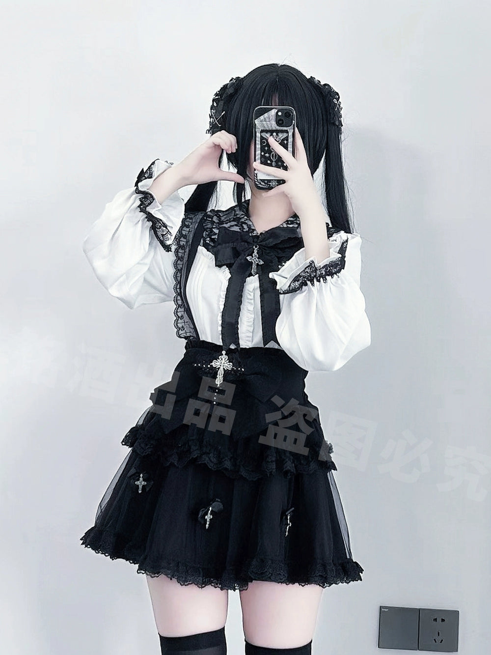 Plus Size Jirai Kei Cross Skirt Set, Detachable Suspender 43761:784555