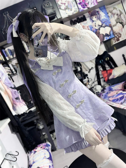 Jirai Kei Dress Long Lace Sleeve Petal Collar Chinese Style Dress Set (L M S XL / Purple) 34506:512470