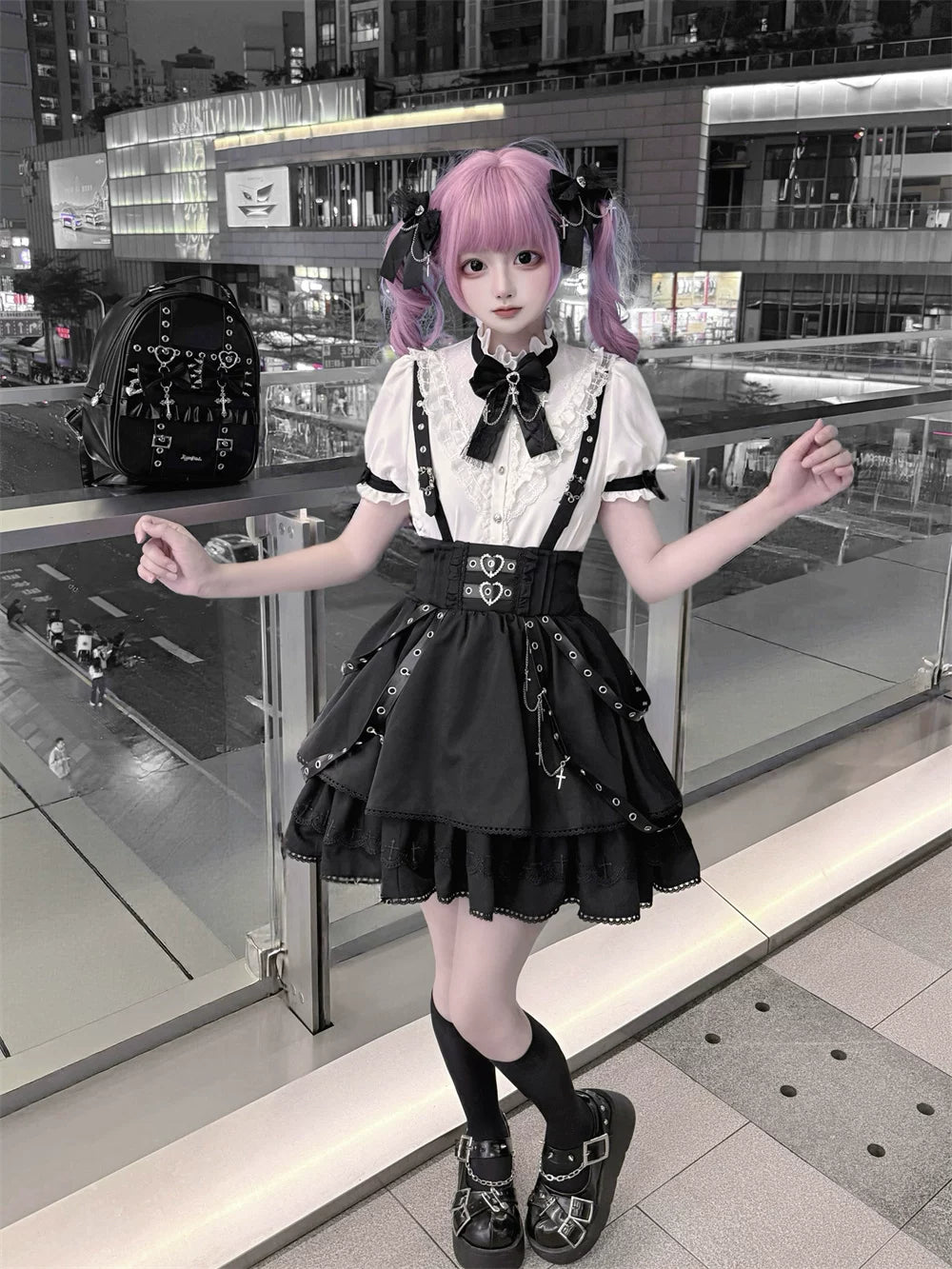 Punk Suspender Skirt, Stand Collar Blouse 45578:855973