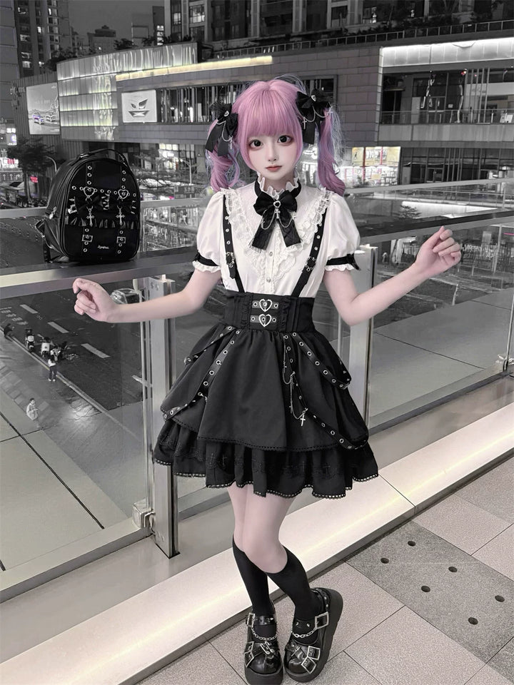 Punk Suspender Skirt, Stand Collar Blouse 45578:855973