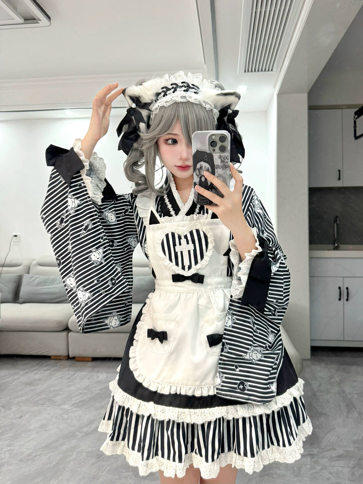 Kimono Lolita Blouse Striped Housemaid Skirt Set 37640:609312