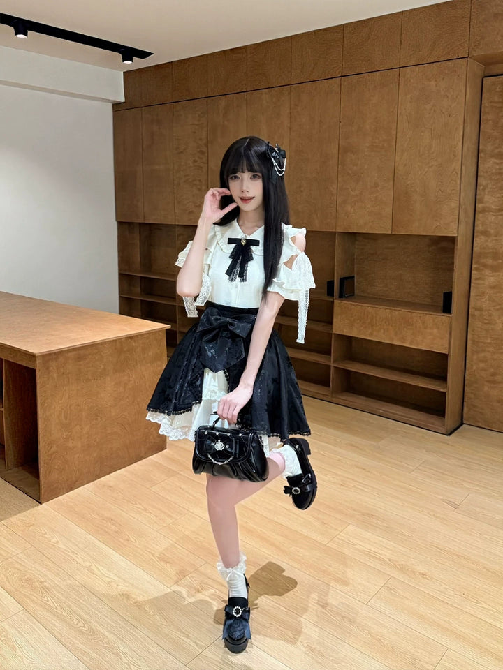 Seiso Kei Ruffled Shoulder Blouse, Butterfly Pattern Skirt 45622:858751