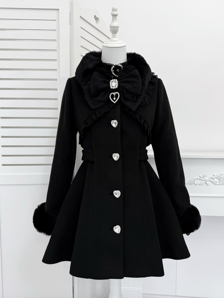 Fluffy Trim Ryousangata Winter Coat, Rhinestone Accents (Black / L M XL) 44200:800828