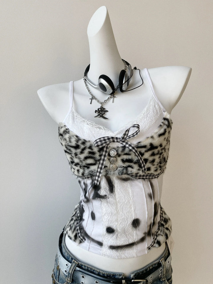 Y2K Leopard Cami Top, Kitten Print and Plaid Bow (L M S) 45512:854708