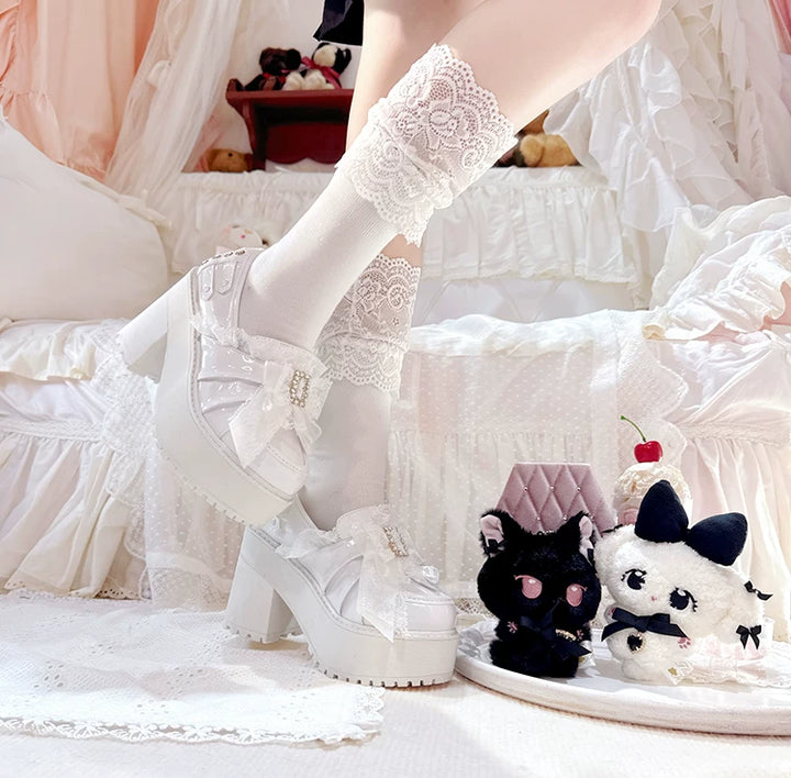Black/White Jirai Kei Platform High Heel Shoes, Lace Bow 45952:872996