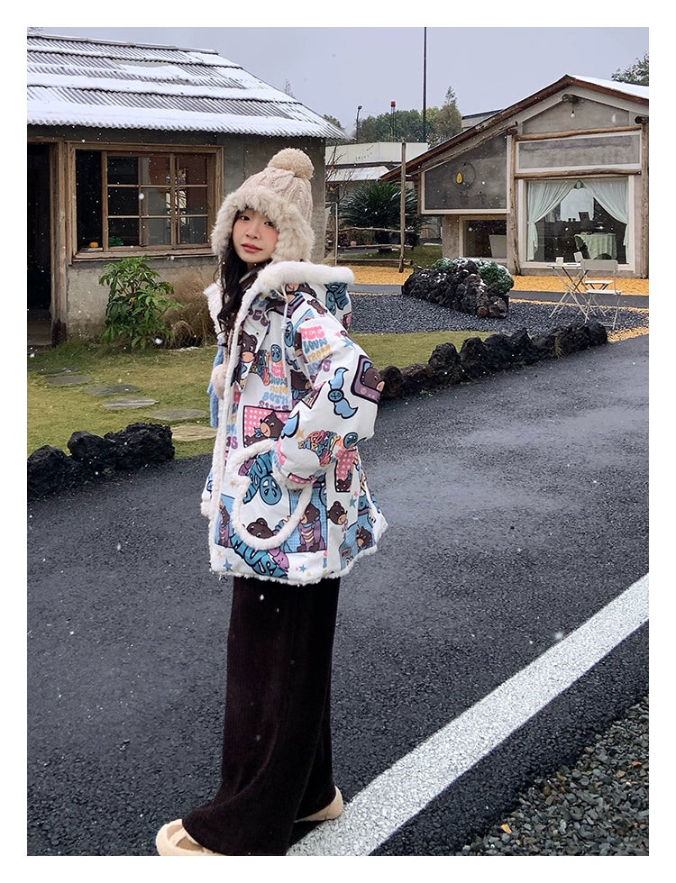 Kawaii Winter Coat Thickened Print Reversible Hooded Coat 39796:640898