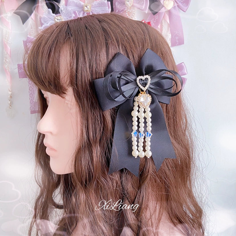 Jirai Kei Black Hair Clip Heart Rhinestone Bow Hair Clip 33798:449910 33798:449910