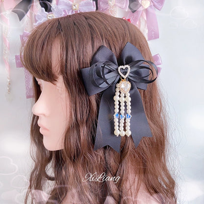 Jirai Kei Black Hair Clip Heart Rhinestone Bow Hair Clip 33798:449910