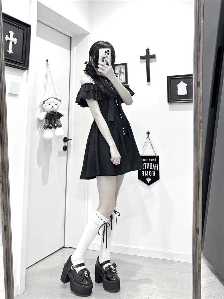 Jirai Kei Open Shoulder Dress, Layered Ruffle 44949:831305