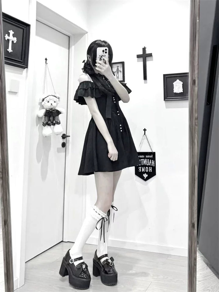 Jirai Kei Open Shoulder Dress, Layered Ruffle 44949:831305