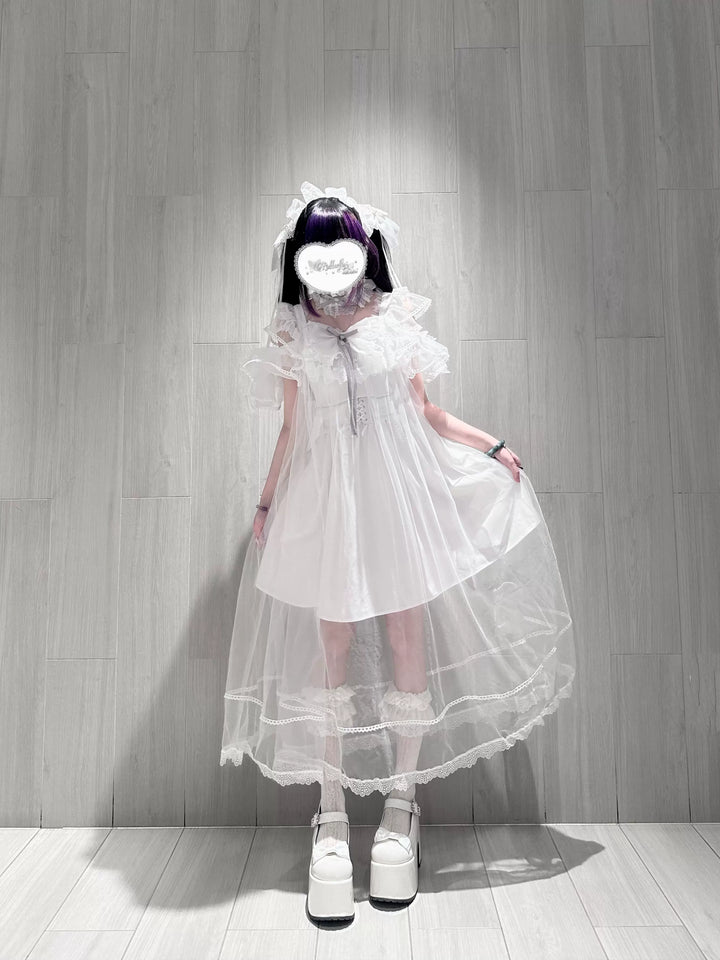 Jirai Kei Open Shoulder Dress, Detachable Tulle Overlay 45341:846486