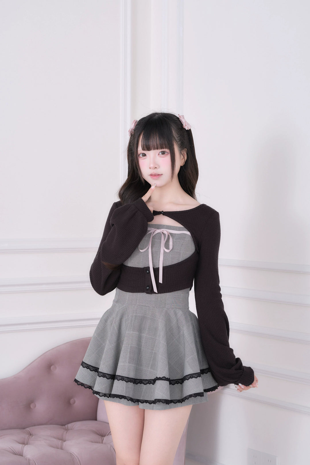 Ryousangata Plaid Dress, Knit Bolero & Elastic Shorts (Black / M S) 44815:822691