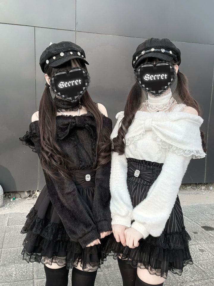 Open-Shoulder Plush Top, Choker with Pearl-Like Chain 44114:801535