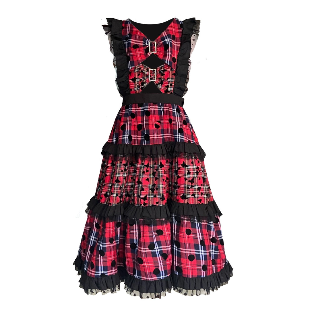 Vintage Showa Dress Waist Plaid Red and Black Tiered Dress (L M S) 39482:634750