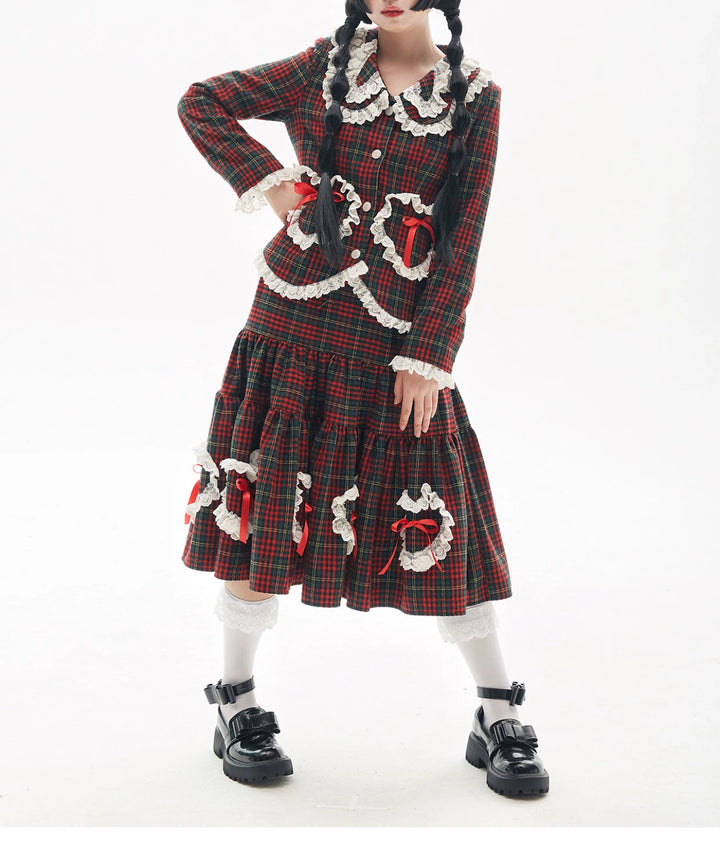 Retro Lolita Skirt Showa Christmas Winter Red Plaid Skirt 40316:662970