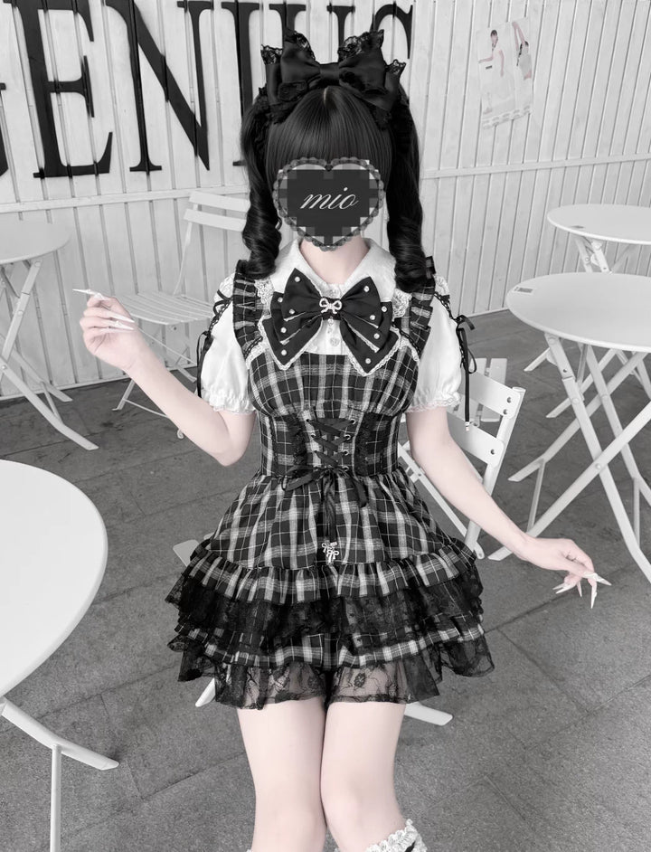 Jirai Kei Lace Plaid Dress Set, Detachable Rhinestone Bow 45700:860713