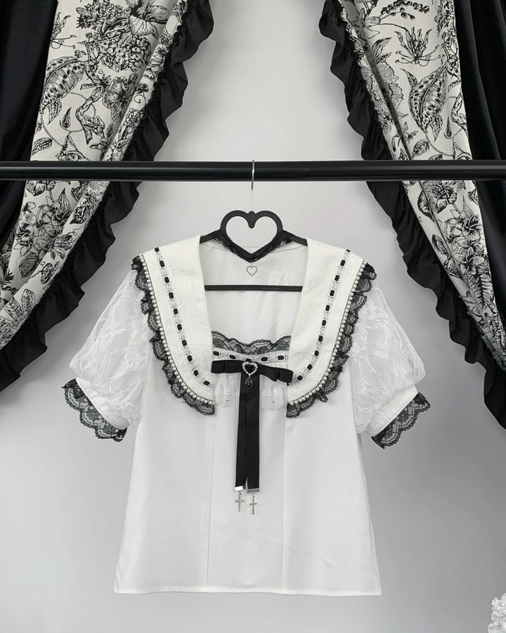 Jirai Kei Sailor Collar Blouse, Lace Puff Sleeves (L M S XL) 45648:857942
