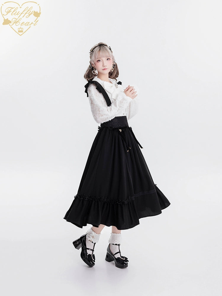 Jirai Kei Blouse White Pink Lace Chiffon Pearl Long Sleeve Shirt 33754:443488