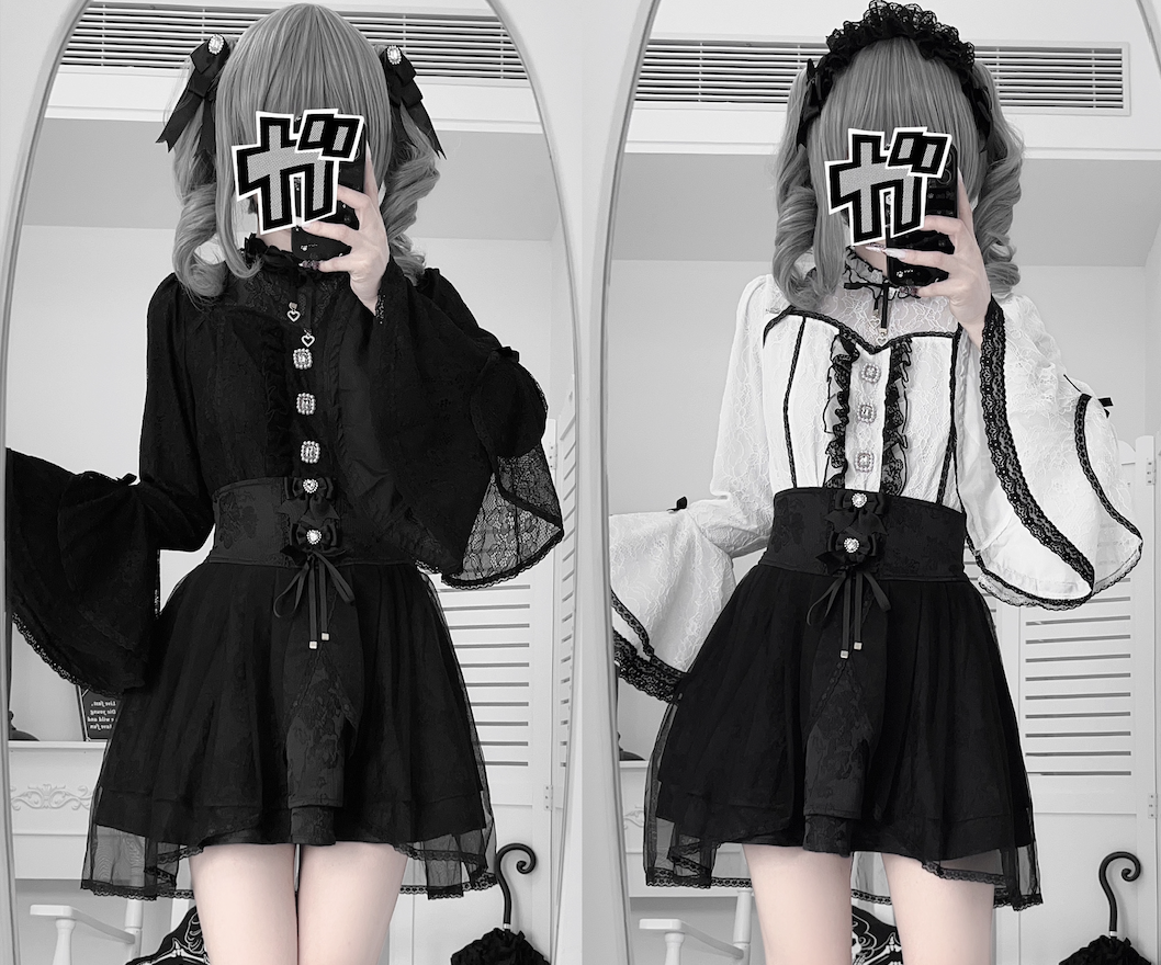 Jirai Kei Lace Blouse and Jacquard Skirt, Hime Sleeves 43943:792442