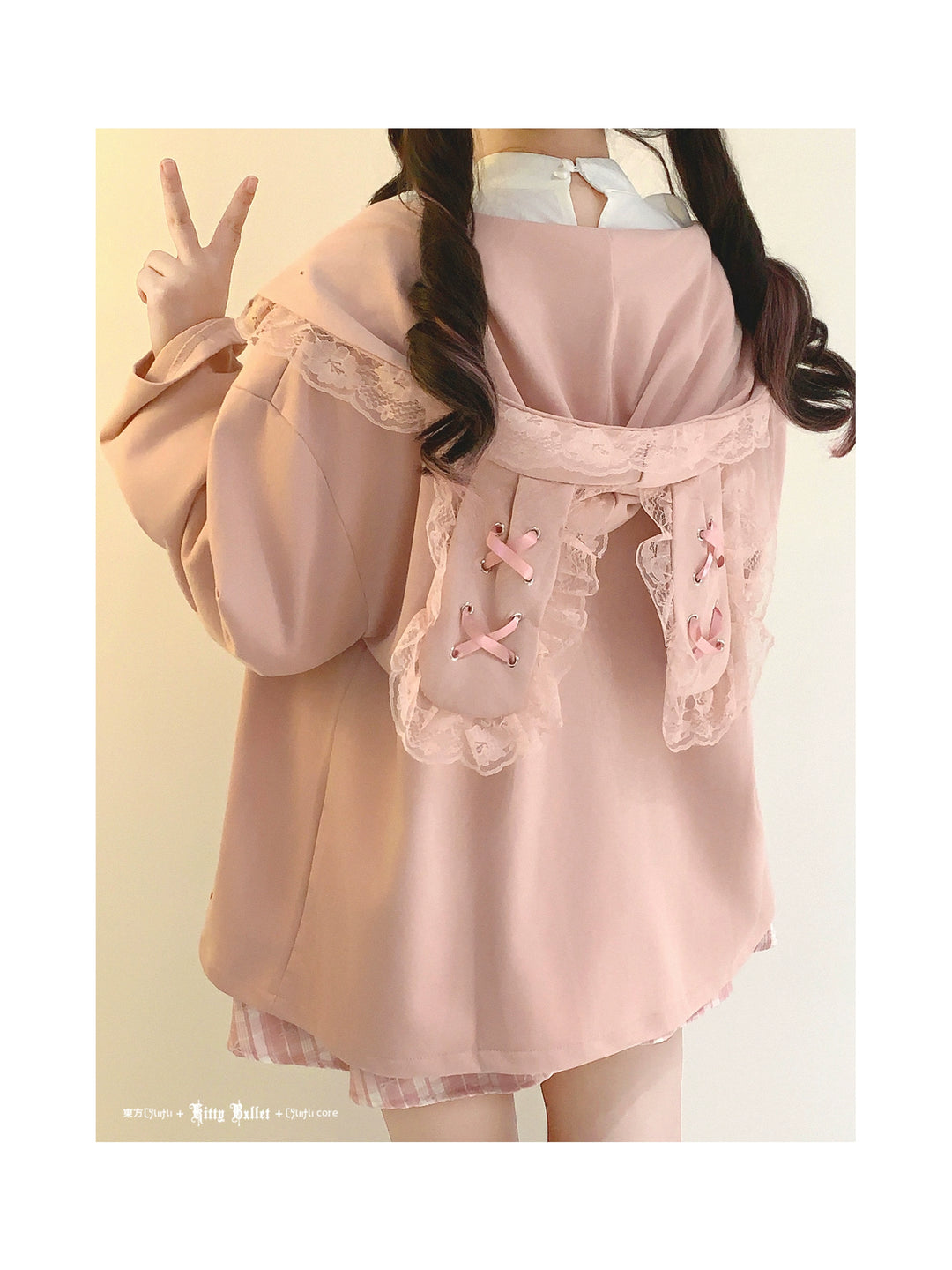 Kawaii Zipper Closure Jacket, Lace Bunny Ear 44002:792516