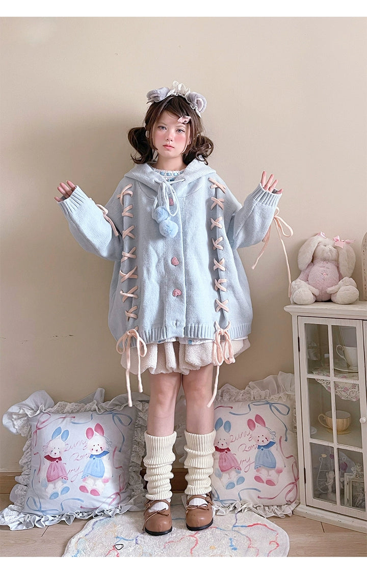 Kawaii White Pink Blue Cardigan Bunny Ears Sweater Coat 22658:345278 22658:345278