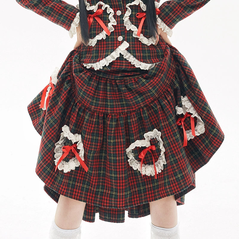 Retro Lolita Skirt Showa Christmas Winter Red Plaid Skirt 40316:662950