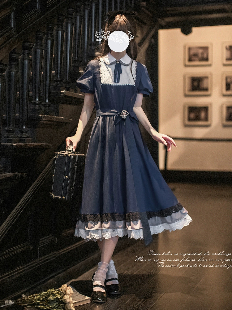 Navy Preppy Style Long Dress, Peter Pan Collar 43648:782294