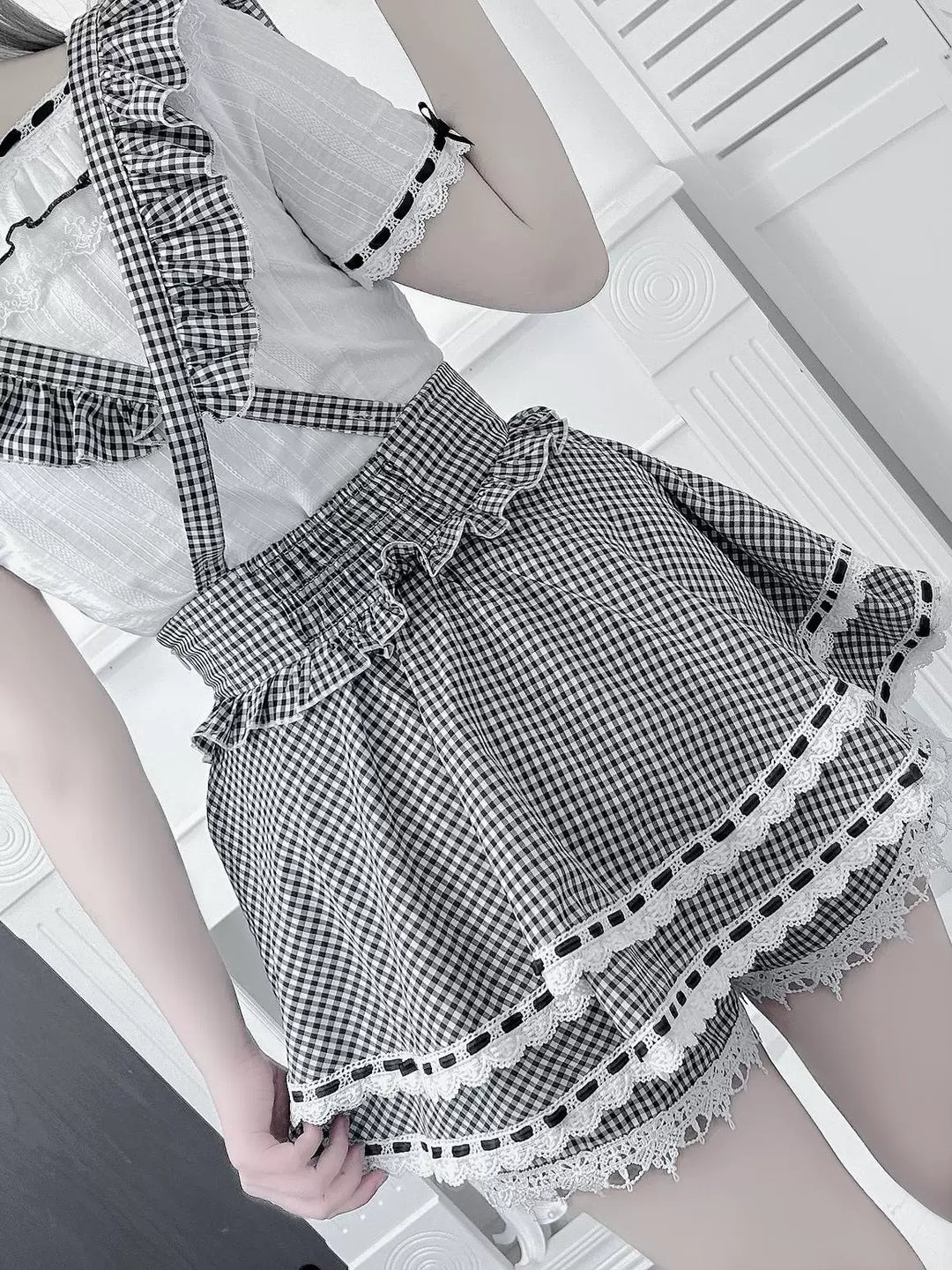 Jirai Kei Cotton Shirt, High-Waisted Suspender Skirt 45267:845228