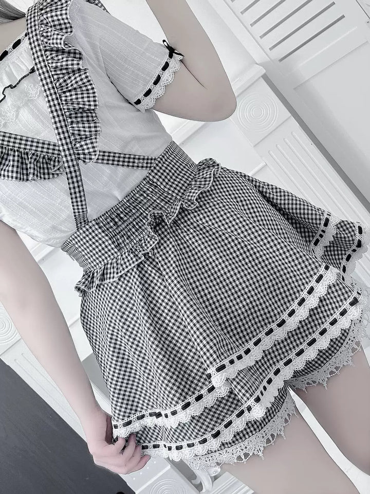 Jirai Kei Cotton Shirt, High-Waisted Suspender Skirt 45267:845228