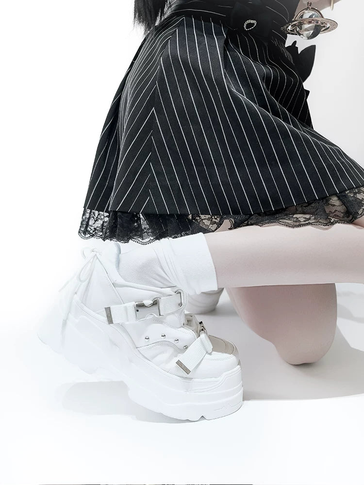 White/Black Punk High Platform Shoes, Metal Buckles 44400:807746