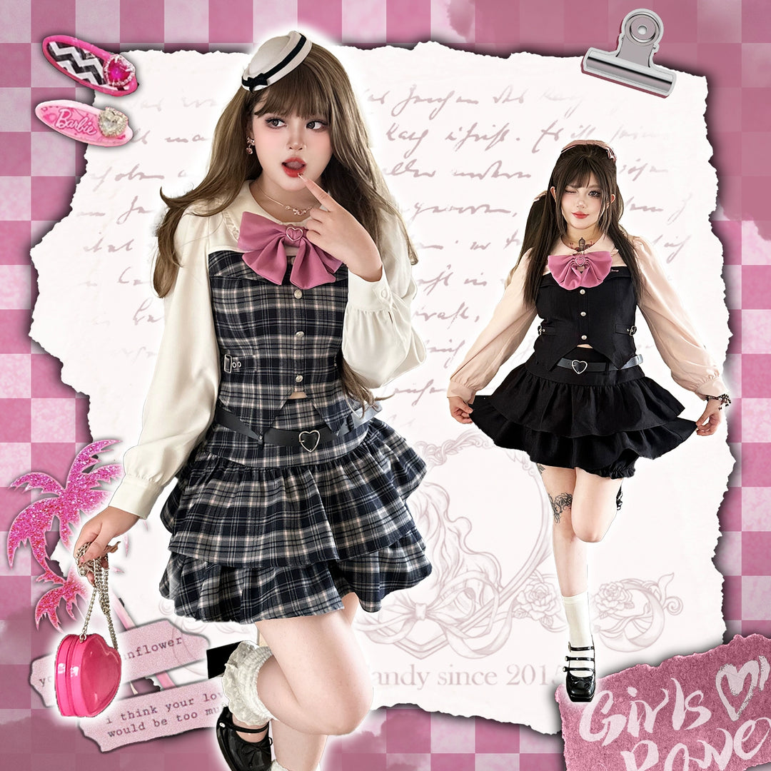 Plus Size Schoolgirl Plaid Outfit Waist-cinching Barbie-style 39398:627356