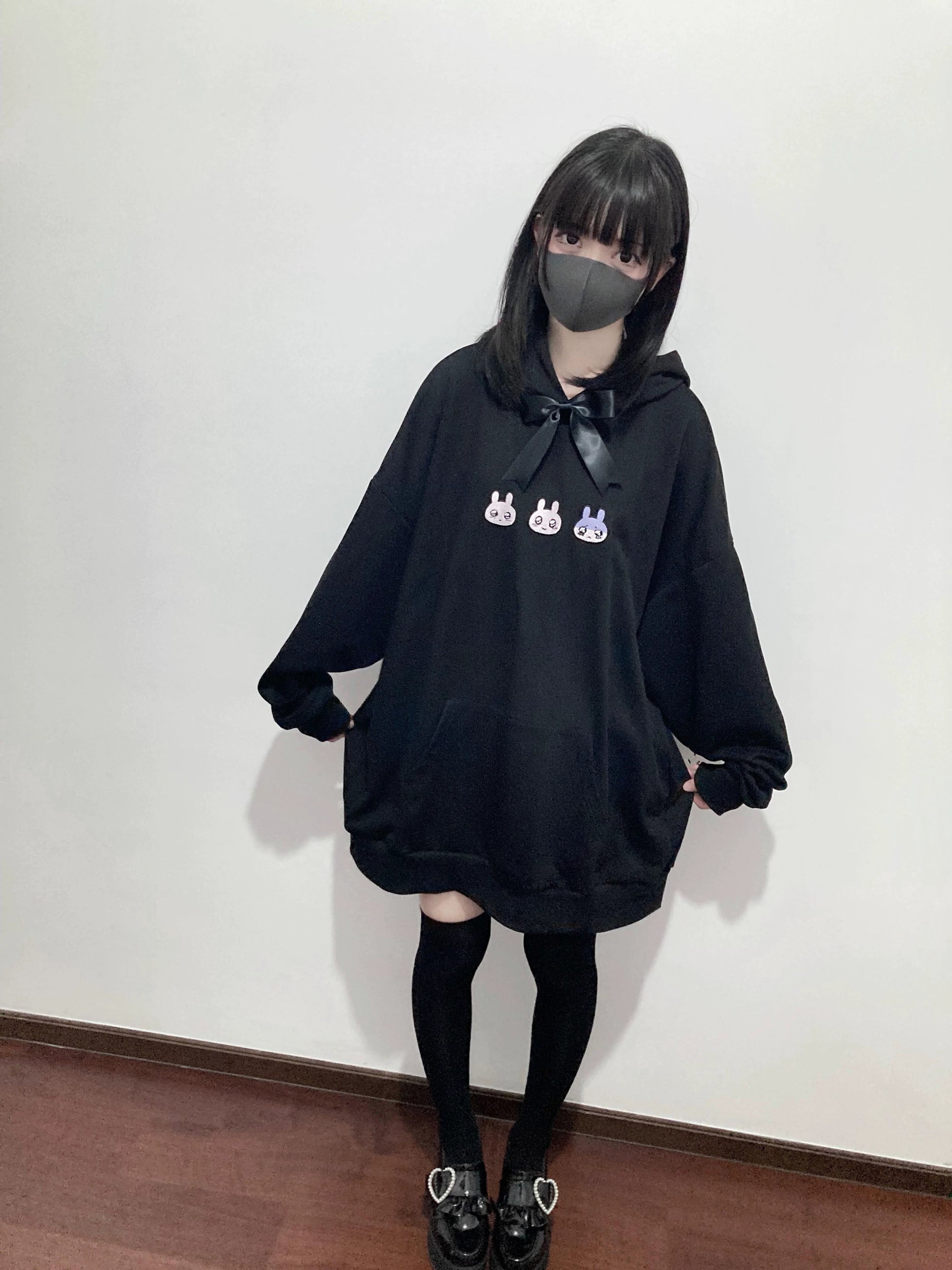 Plus Size Jirai Kei Hoodie Cute Black hooded Sweatshirt 35264:485154