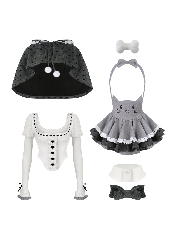 Kawaii Outfit Set, Knit Top, Suspender Skirt and Cape 44083:796621
