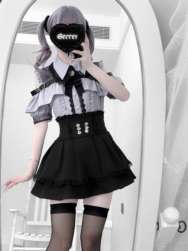 Black Jirai Kei Skirt High Waistband With Rhinestones 43246:771041