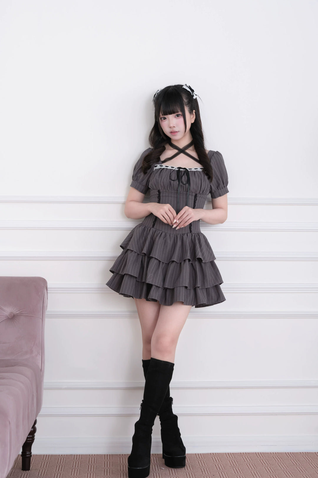 Jirai Kei Striped Halter Dress, Lace and Bow 45722:860221