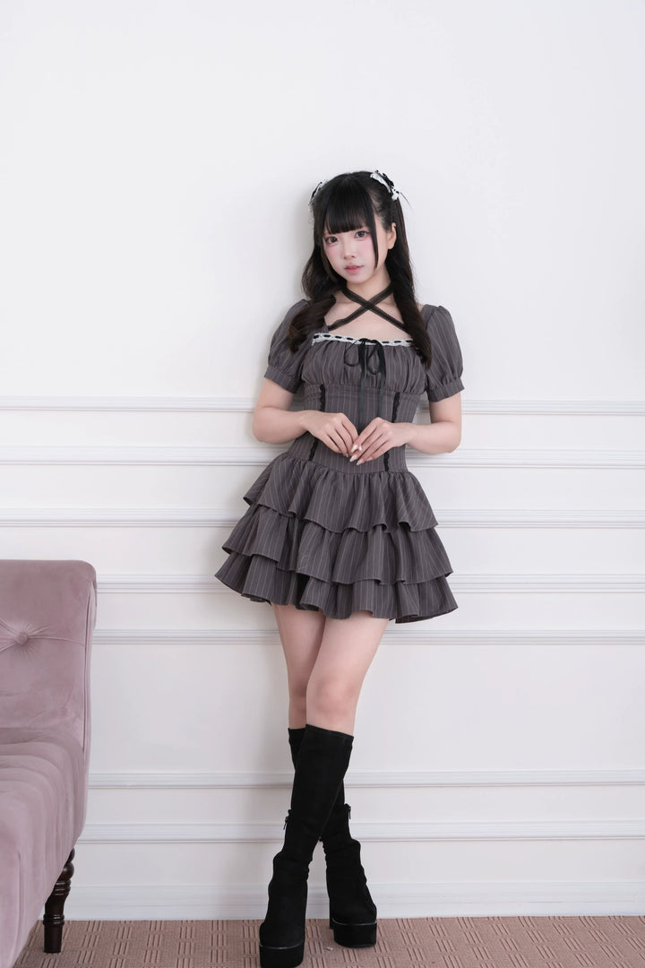 Jirai Kei Striped Halter Dress, Lace and Bow 45722:860221