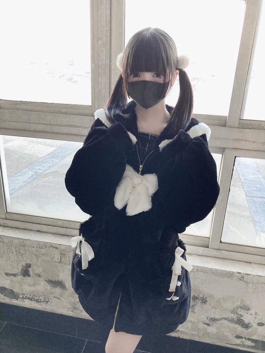 Black Jirai Kei Coat Ryousangata Imitation Rabbit Fur Coat 33304:446240