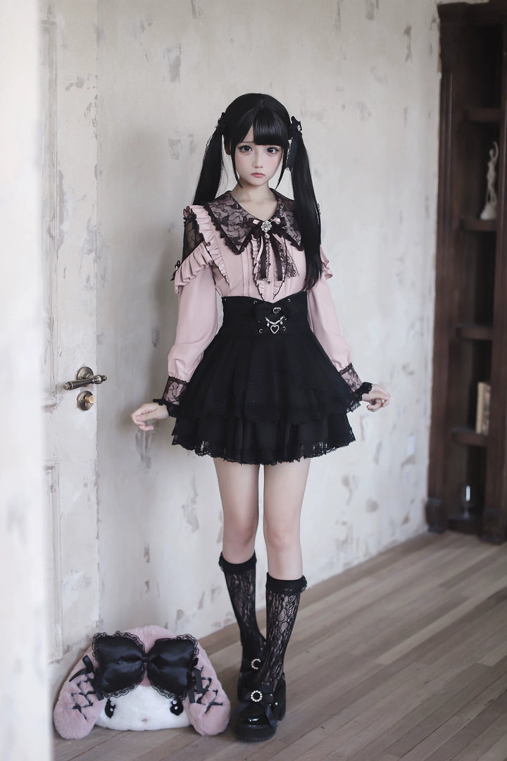 Jirai Kei Long Sleeve Blouse, Lace Overlay and Heart Buttons 44589:815181